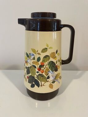 Vintage Elephant Insulated Thermos Carafe Screw Lid Floral Bird Retro Coffee Jug